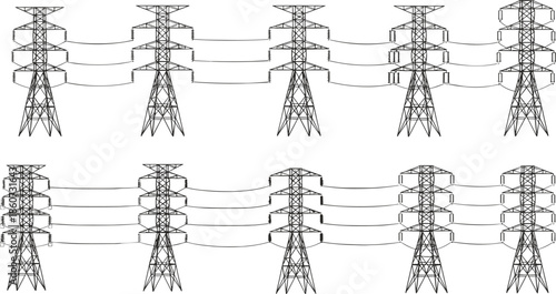 Black and white of multiple electricity pylons with wires power transmission towers