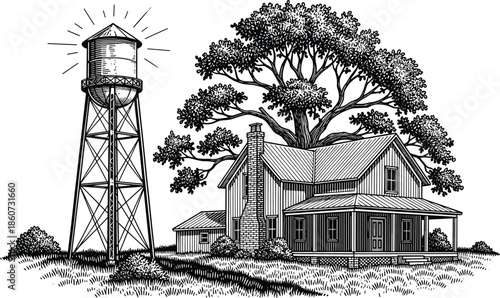 Black and white of a house with a water tower and tree rural