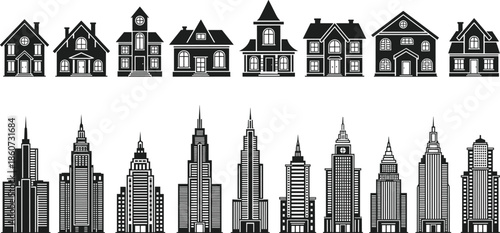 Black and white of houses and city skyscrapers buildings