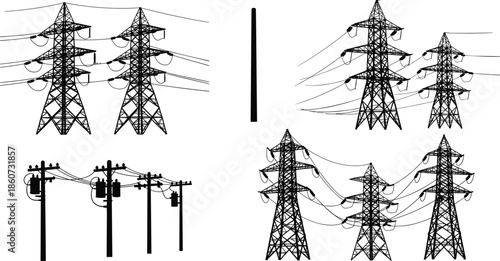 Black and white of power lines and towers transmission towers electricity infrastructure