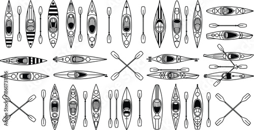 Black and white of various kayaks and oars boats paddles watercraft