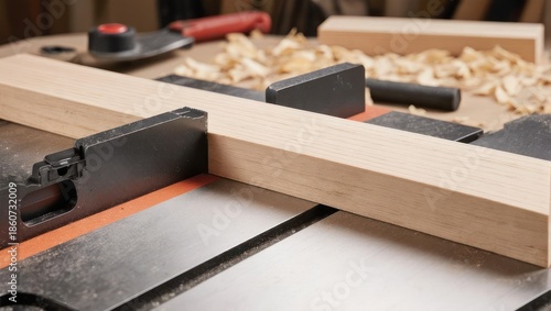 Woodworking project on a table saw with wood shavings and tools.