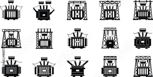 Black and white of various electrical transformers and towers power towers industrial