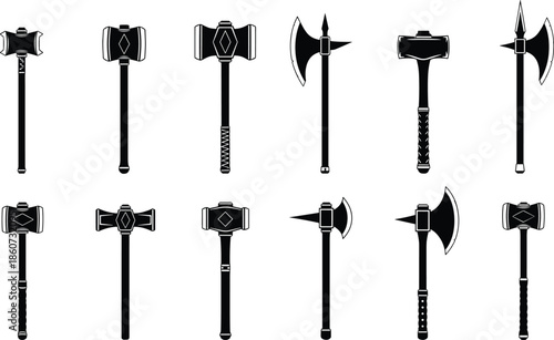 Black and white of various medieval battle axes and hammers tools