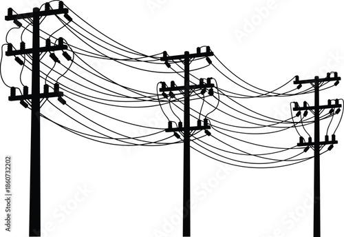 Black silhouette of three power lines with multiple wires and insulators on white background