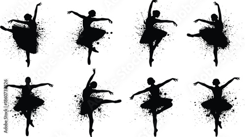 Black silhouettes of ballerinas in various dance poses with paint splatters ballet