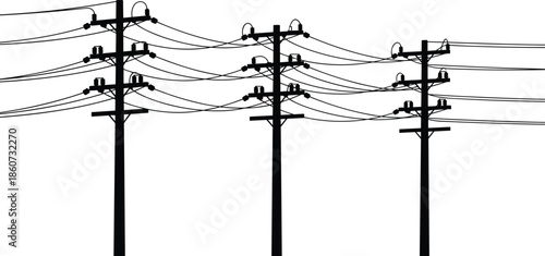 Black silhouette of three power transmission towers with wires on white background