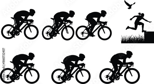 Black silhouettes of cyclists riding and a runner jumping over hurdle bicycle bike