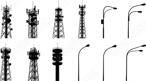 Black silhouettes of communication towers and street lamps on white background cell towers