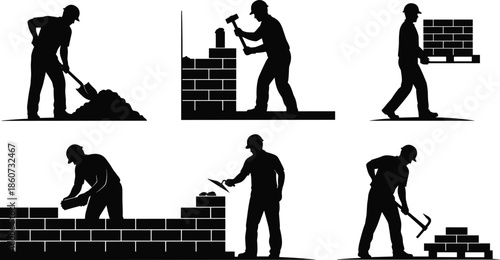 Black silhouettes of construction workers with bricks and tools