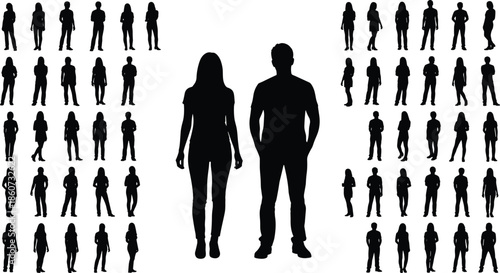 Black silhouettes of people in various poses on white background standing