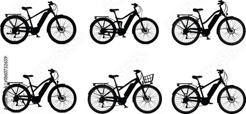 Black silhouettes of six electric bicycles with various accessories e-bikes bicycle silhouettes