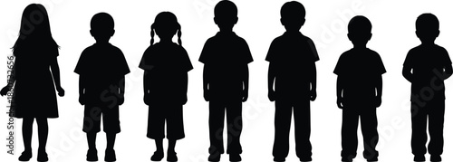 Black silhouettes of seven children standing in a row white background