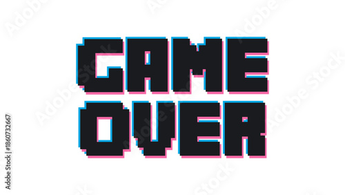 Pixel art Game Over text with glitch effect on white background, Retro 8-bit Video Game Ending Screen, Arcade Style Typography, Gaming Loss Message Vector, Digital Entertainment Graphic, Vector illust