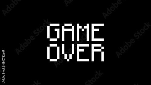 Pixel art Game Over text on black background, Retro 8-bit Video Game Ending Screen, Arcade Style Typography, Gaming Loss Message Vector, Digital Entertainment Graphic, Vector illustration.