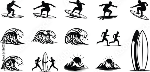 Black silhouettes of surfers waves and mountains surfboard