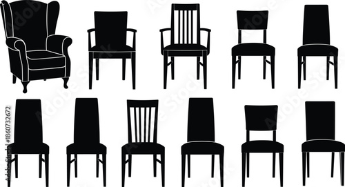 Black silhouettes of various chairs on white background furniture