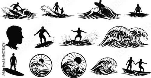 Black silhouettes of surfers riding waves surfing ocean