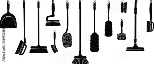 Black silhouettes of various cleaning brushes and brooms cleaning tools dustpans