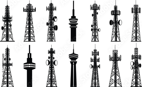 Black silhouettes of various communication towers and broadcasting structures broadcasting towers