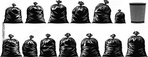 Black trash bags and can garbage