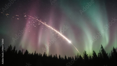 Vibrant Aurora Borealis with a Bright Meteor Shower Streaking Across the Night Sky.