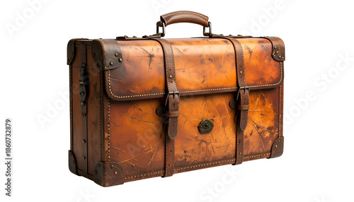 Vintage, weathered leather briefcase with straps, handle, metal details, isolated on black