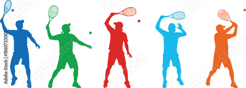 Colorful silhouettes of people playing tennis with rackets and balls