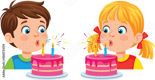 Cartoon kids blowing out candles on pink cakes children girl