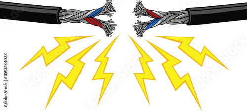 Cut electrical wires sparking cut wires yellow lightning bolts white background