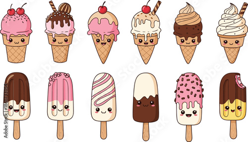 Cartoon ice cream cones and popsicles with smiling faces