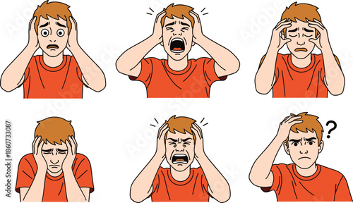 Cartoon man in orange shirt expressing various emotions expressions