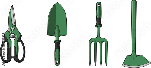 Green gardening tools on white background scissors trowel fork