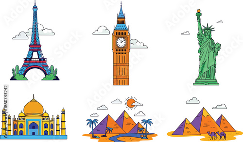 Colorful of famous landmarks and monuments around the Eiffel Tower Big Ben Statue of Liberty