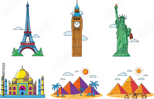 Colorful of famous landmarks and monuments around the Eiffel Tower Big Ben 1 Statue of Liberty