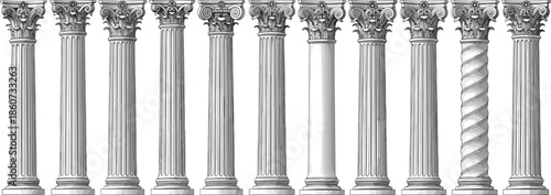 Greyscale of ten architectural columns with ornate capitals