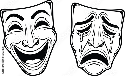 Comedy and tragedy masks in black and white theater drama