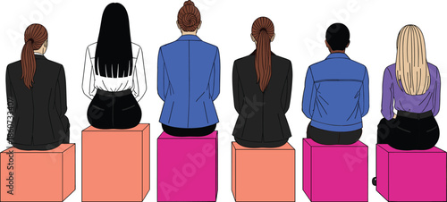 Diverse group of people sitting on colored cubes business attire