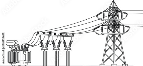 Electric power transmission tower and transformer station electricity energy infrastructure