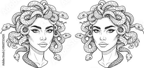 Medusa heads with snakes in hair black and white