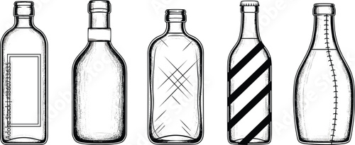 Five empty glass bottles with different empty bottles bottle clear bottles black and white
