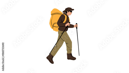 Male Hiker Walking with Backpack and Trekking Poles