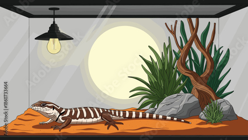 Lizard in terrarium with plants and lamp sand