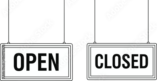 Open and closed signs hanging on strings