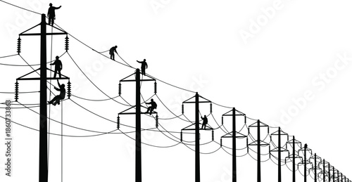 Silhouette of linemen working on power lines and towers utility poles electricity