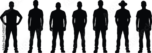 Seven black silhouettes of men in various poses white background standing