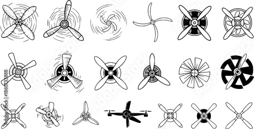 Diverse propeller icons in hand-drawn and digital styles for creative designs
