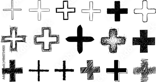 Set of plus signs in various hand drawn styles on white background
