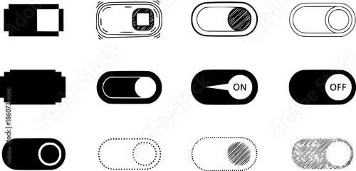 Minimalist toggle switch designs: pixel, doodle, outline, and more variations
