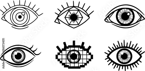 Set of eye symbols in various artistic styles for design projects
